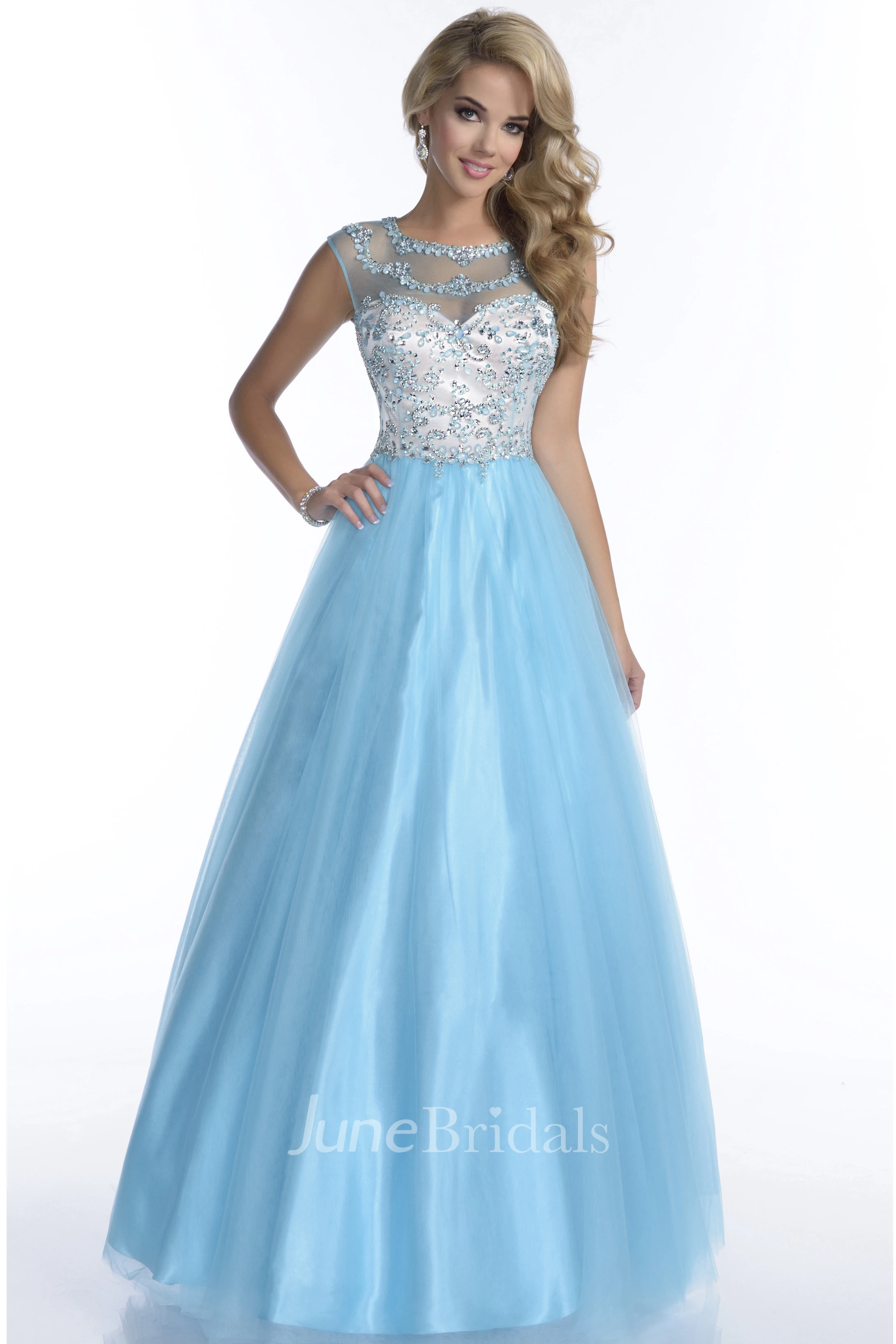 Tulle Formal Cap-Sleeve Rhinestone-Bodice Illusion A-Line Back Dress