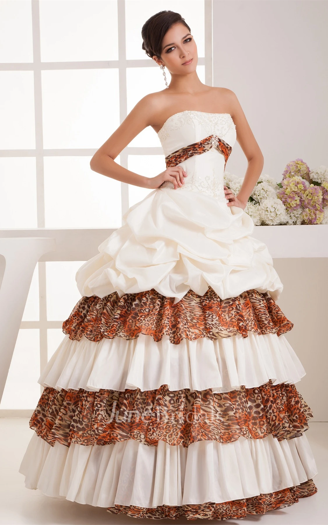 Strapless Leopard Pick-Up Gown with Tiers and Appliques