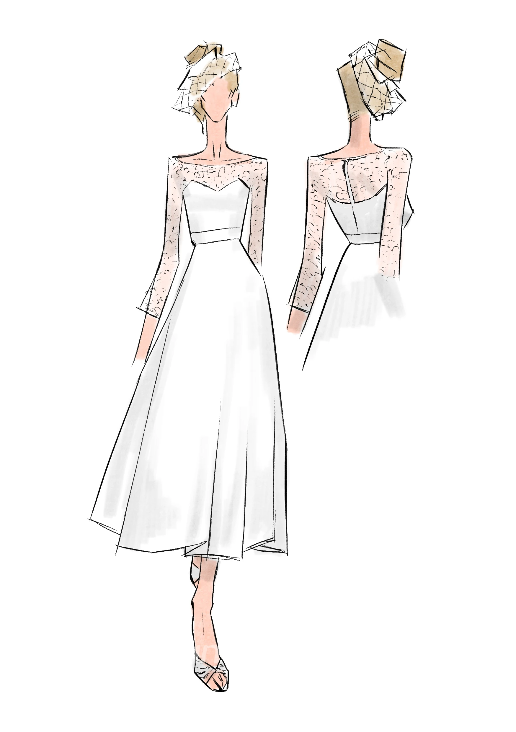 Plus Size Vintage Style Scoop Neckline 3-4 Long Sleeve Lace Tea Length Bridal Gown