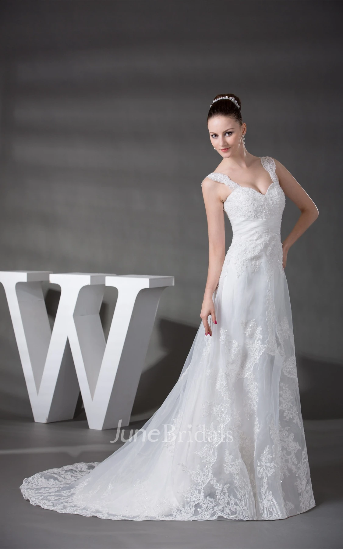 Strapped Lace A-Line Gown with Ruching and Crystal Detailing