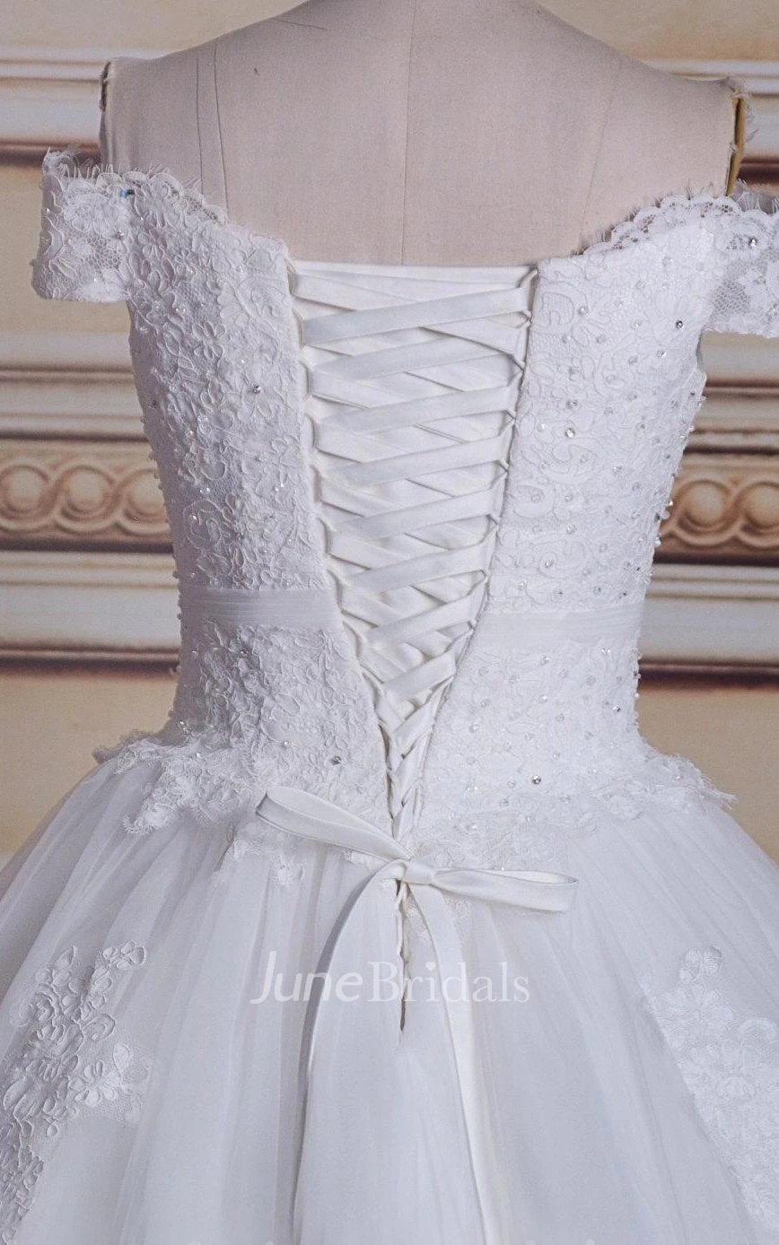 Ball Gown Off-The-Shoulder Tulle Lace Satin Dress With Beading Lace-Up Back