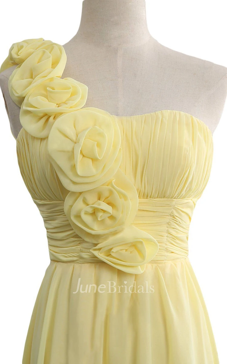 Floral One-shoulder Chiffon A-line Gown With Ruched Band