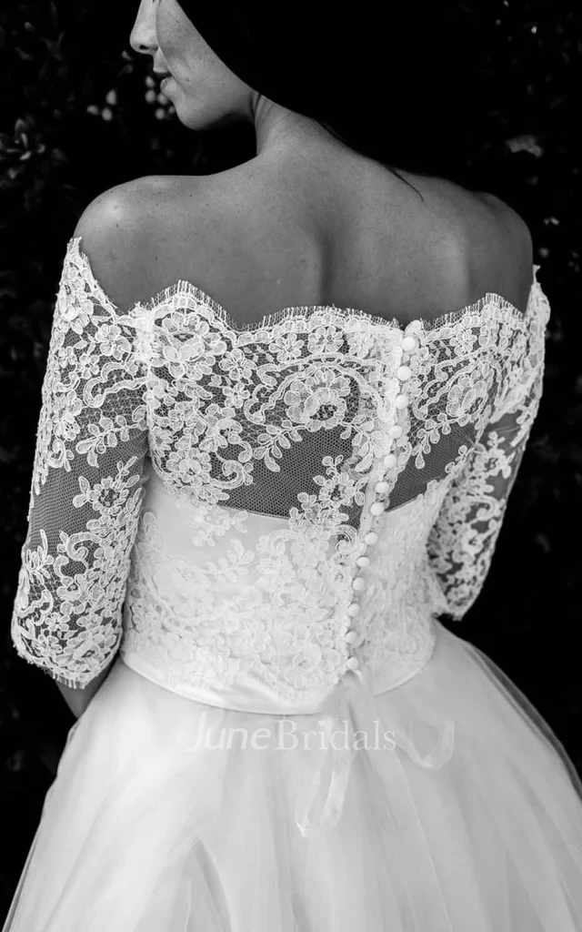 Vintage Boho A Line Off-Shoulder Lace Wedding Dress Romantic Half Sleeves Ankle Length Tulle Bridal Gown