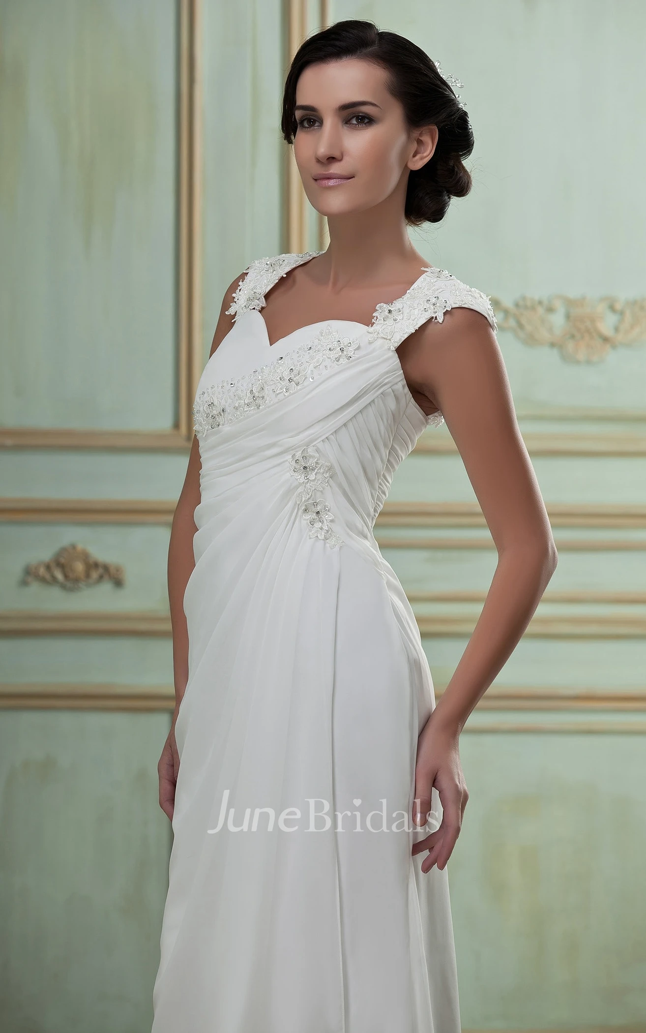 Caped-Sleeve Side-Ruching Chiffon Maxi Dress With Brush Train