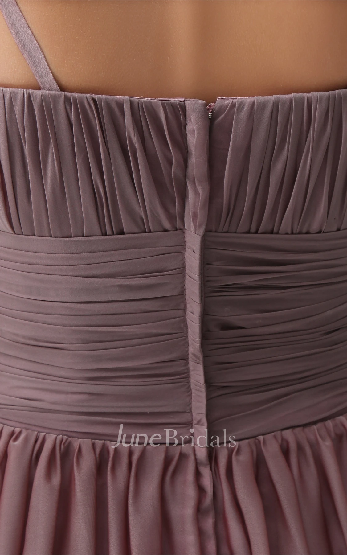 Spaghetti-Straps Side Draping Ankle-Length Ruched Gown with Ruffles and Flower