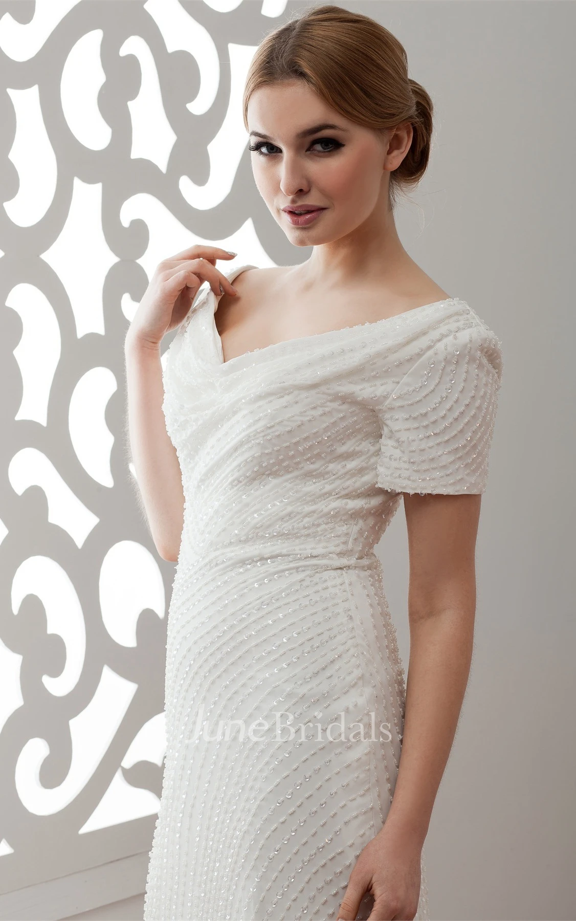Short-Sleeve V-Neck Sheath Dress with Beading and Brush Train