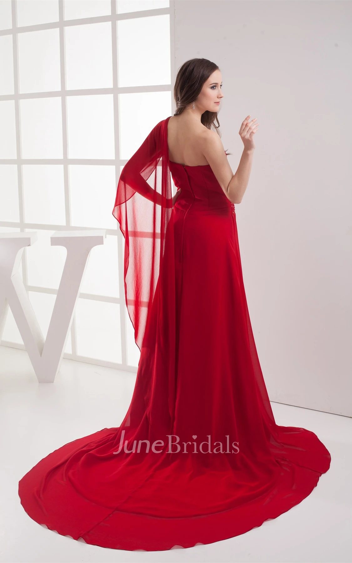 Flay Asymmetrical Chiffon Maxi Dress with Pleats and Gemmed Waist