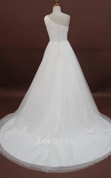 A-Line One-Shoulder Tulle Organza Satin Dress With Beading Appliques