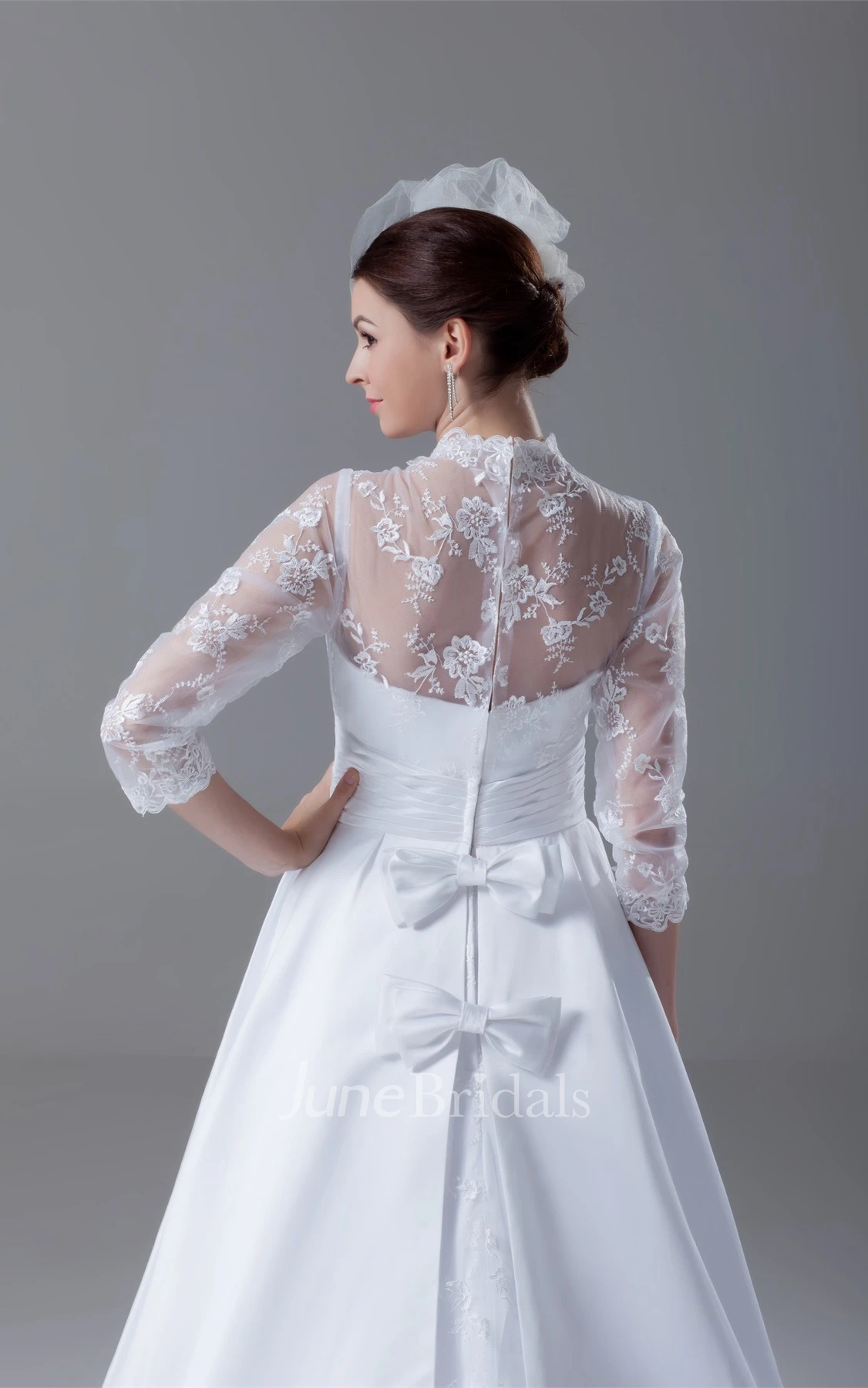 3-4-sleeve a-line lace gown with bow and illusion