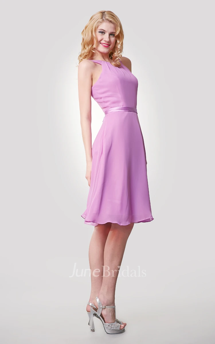 Chiffon Knee Length A-Line Dress With Straps and Satin Bow Sash