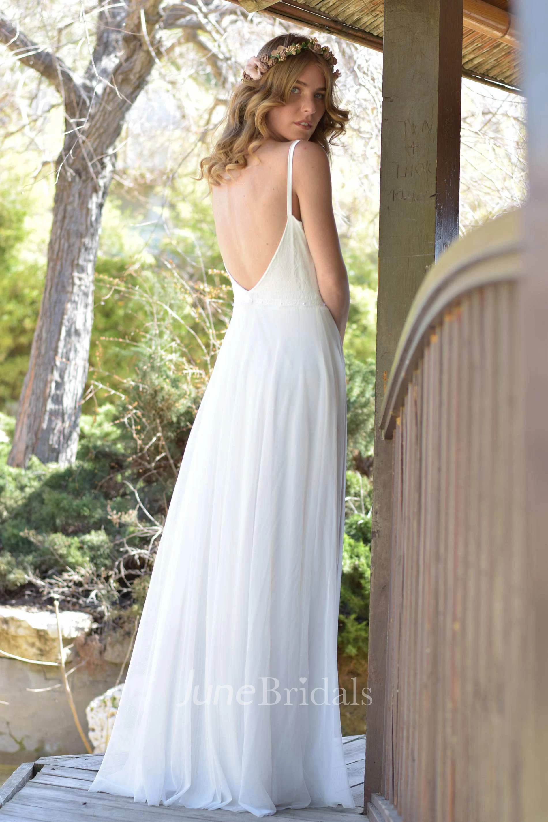 Spaghetti Chiffon Long Wedding Dress With Backless Design