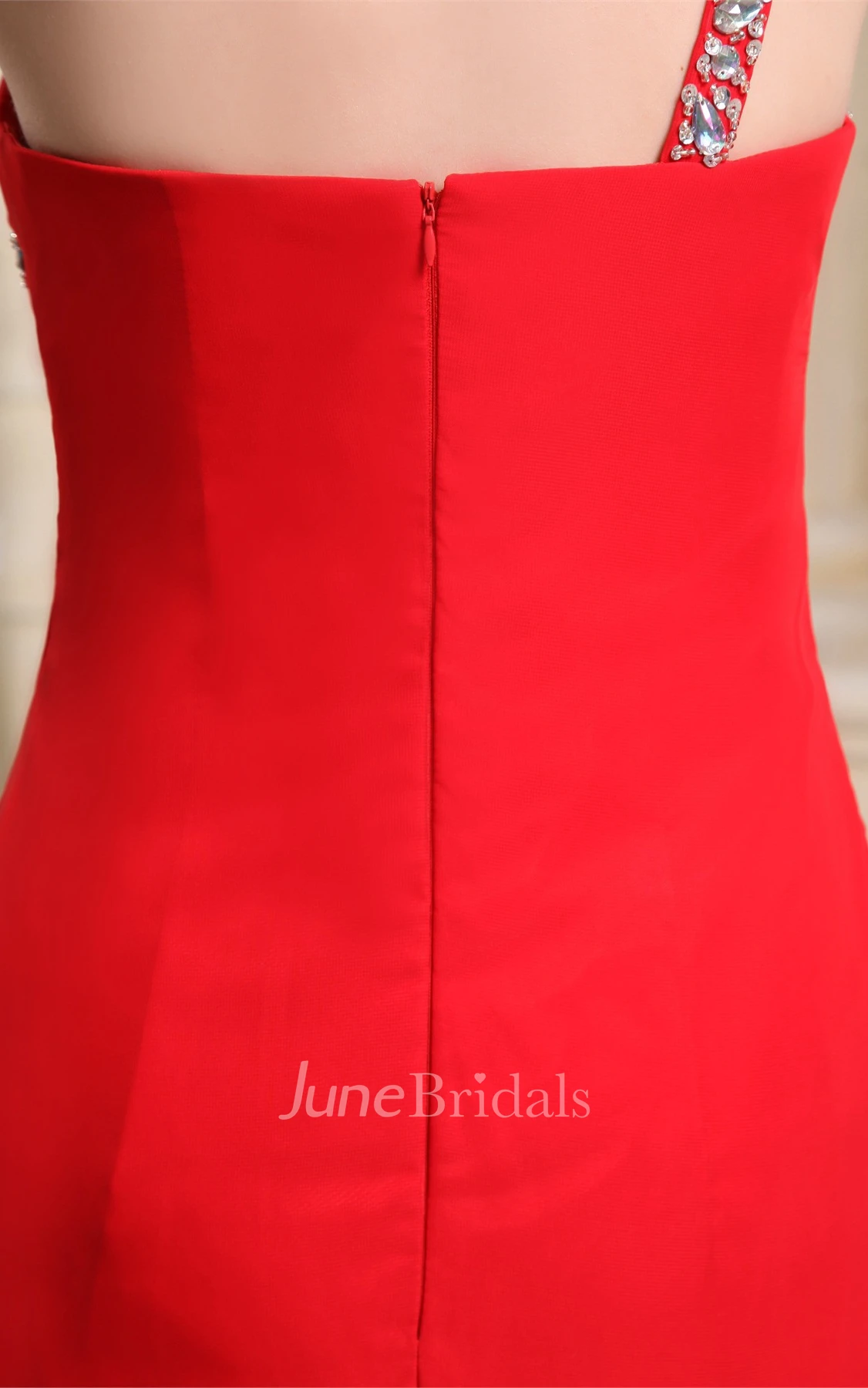 One-Shoulder Ruched Chiffon Long Dress with Front Slit and Appliques