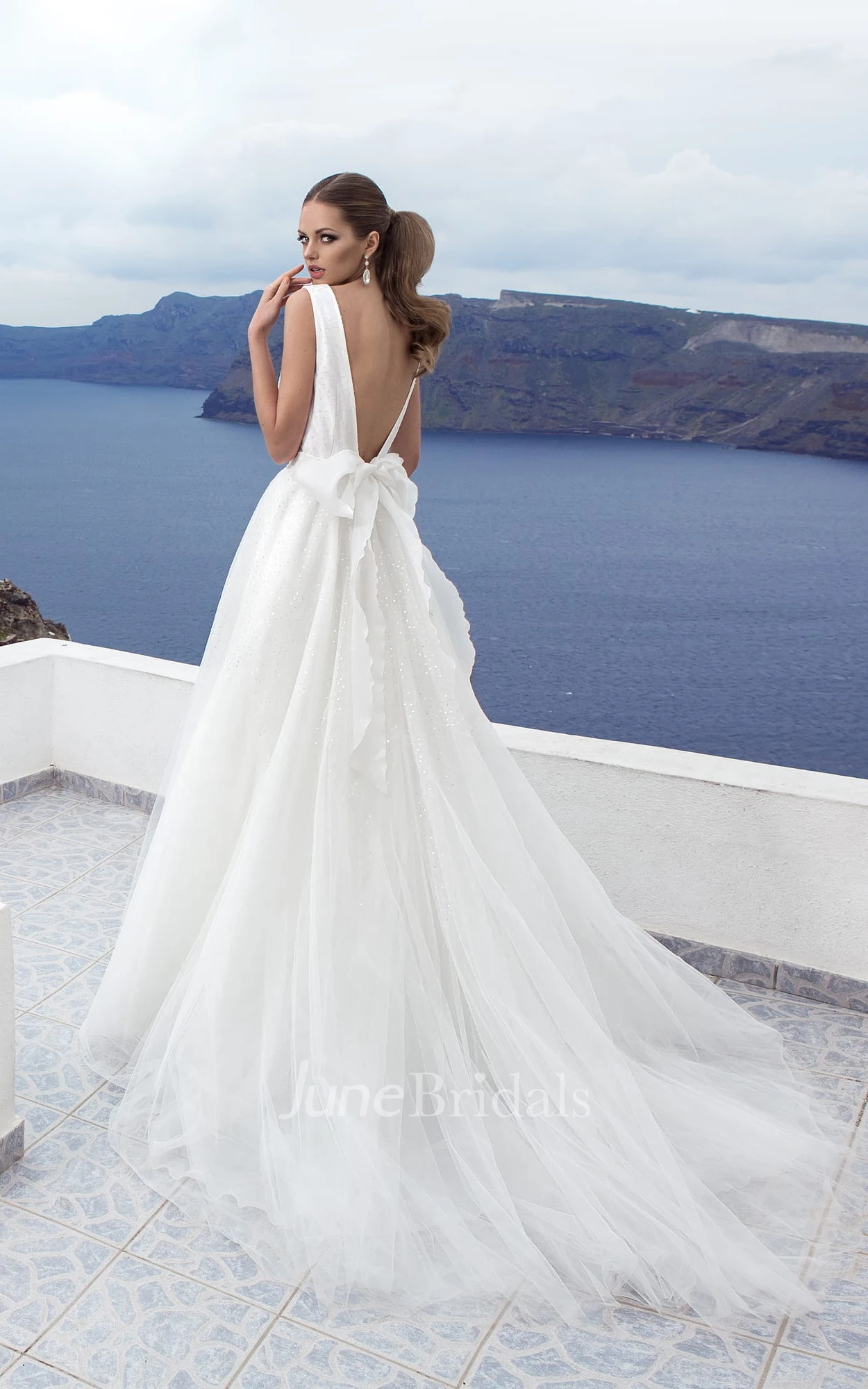 A-line V-neck Low-V Back Tulle Floor-length Dress With Bow&Sequins