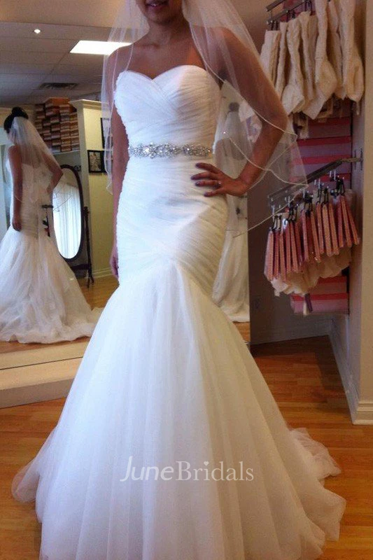 Mermaid Sleeveless Sweetheart Brush Train Beading Tulle Wedding Dresses