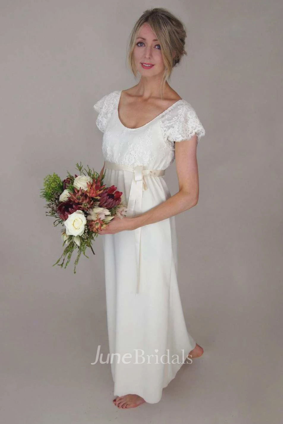 V-Neck Short Sleeve Chiffon Wedding Dress With Lace And Bow
