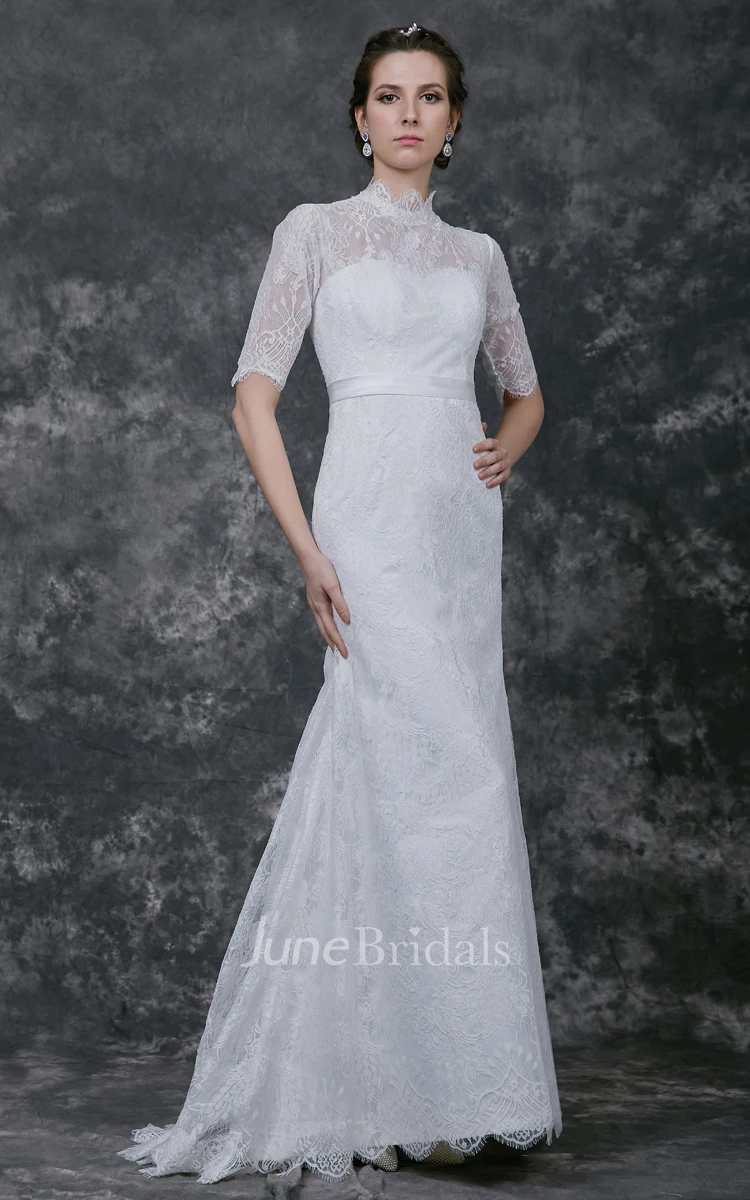 Gorgeous Long Sleeve Pleated Long Lace Dress With High Neck