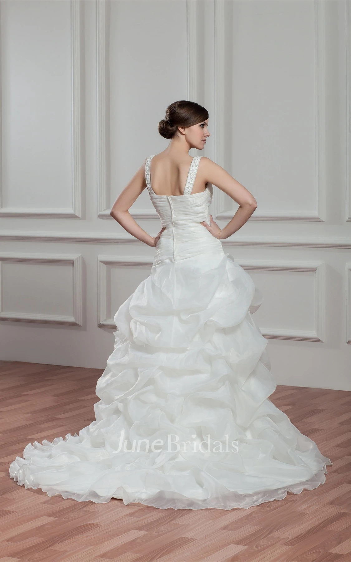 Strapped Pick-Up A-Line Gown with Beading and Ruched Bodice