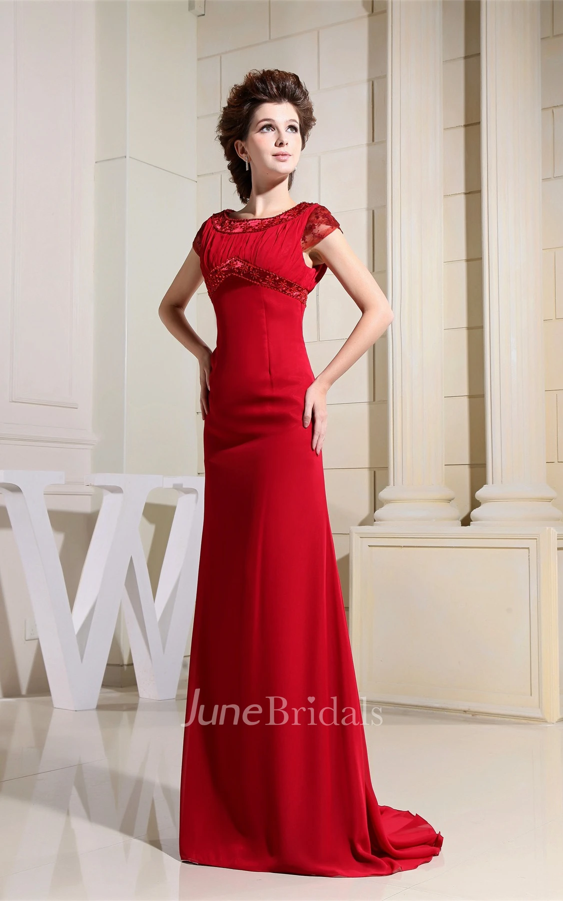 Caped-Sleeve Appliqued Chiffon Sheath Dress with Rhinestone