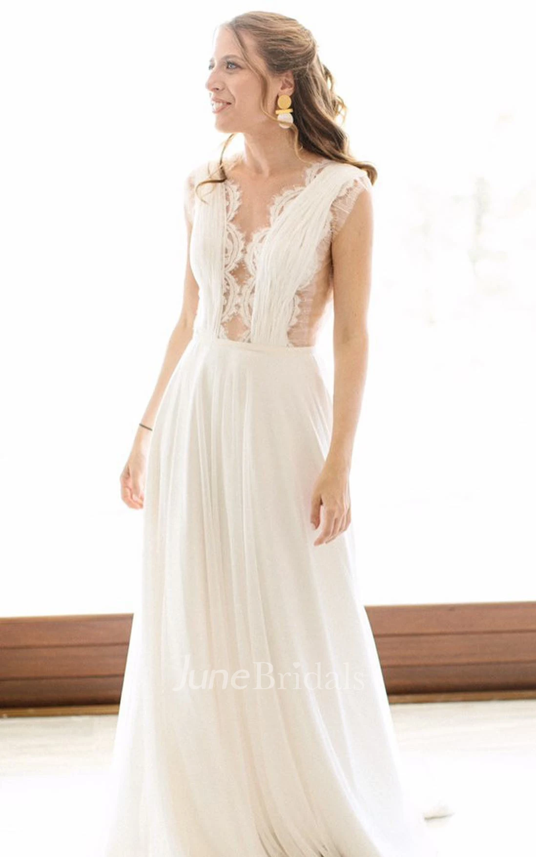 Greek A-Line Plunging Neckline Chiffon Lace Spring Wedding Dress With Open Back And Pleats