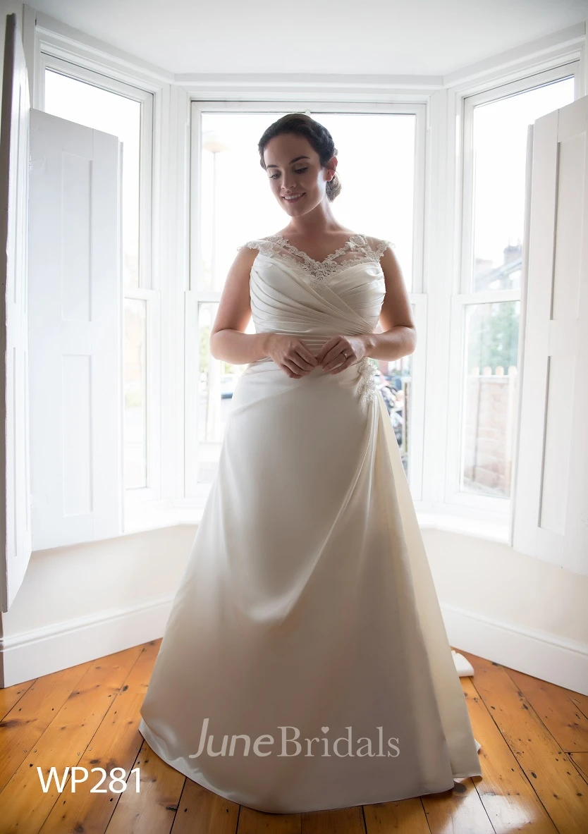 A-Line Long V-Neck Cap Satin Brush Train Appliques Dress