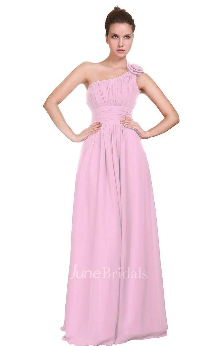 Floral One-shoulder Pleated A-line Dress With Ruched Band