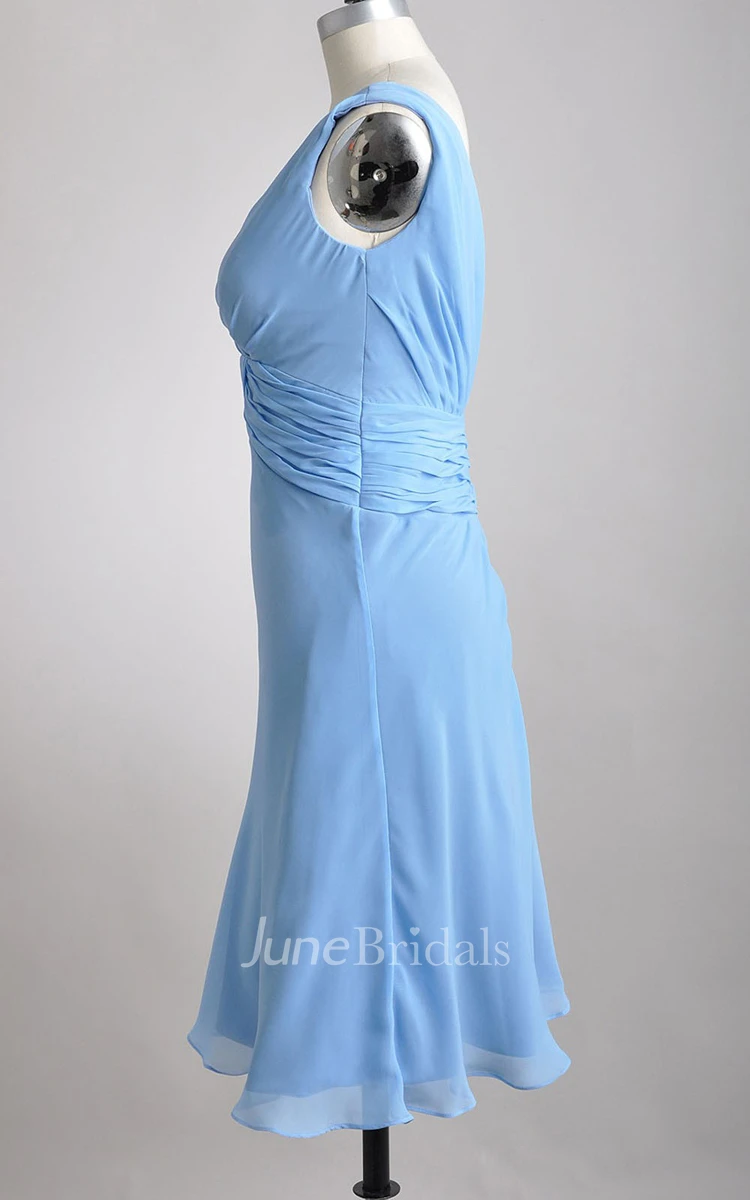 Deep-V Neckline A-line Chiffon Knee-length Dress With Pleats