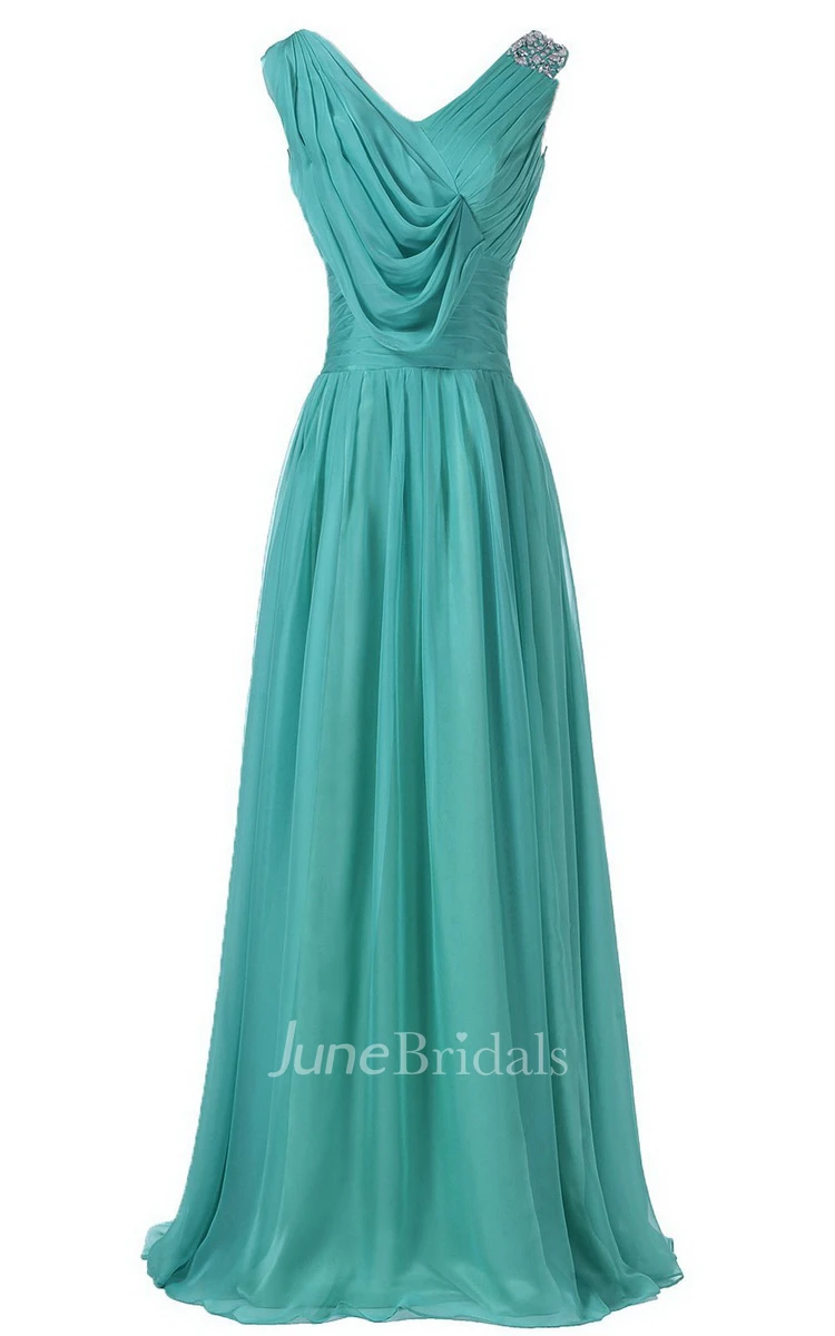 Sleeveless V-neck Long Dress With Draped Bodice