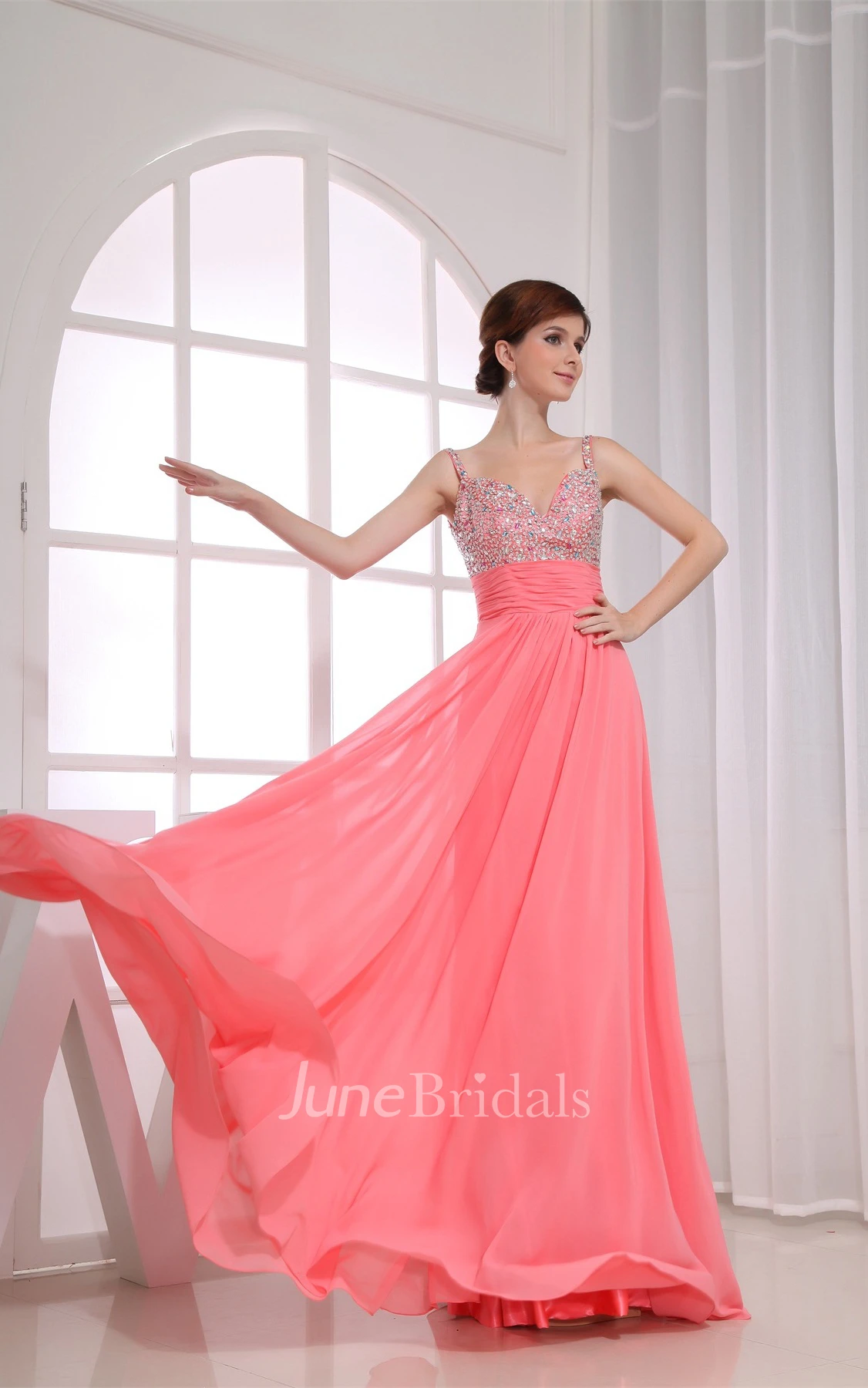Spaghetti-Strap Chiffon Maxi Dress with Pleats and Rhinestone