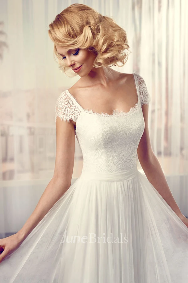 Long Square Cap-Sleeve Lace Chiffon Wedding Dress With V Back
