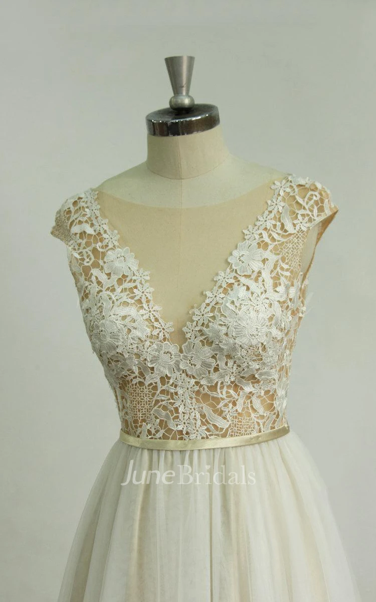 Deep V Cut Open Back Tulle Lace Wedding With Champagne Tulle Dress