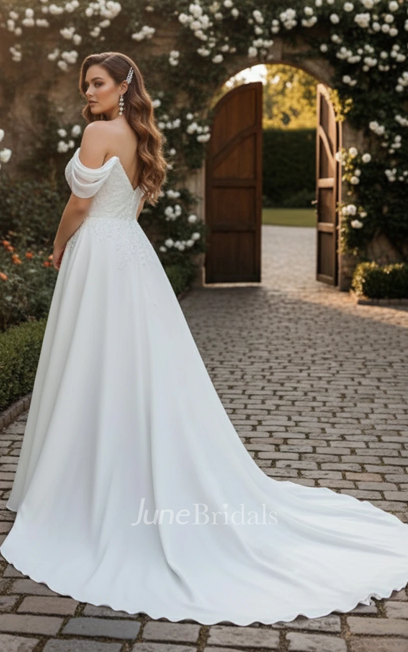 Plus Size A-Line Chiffon Wedding Dress V-Neck Off Shoulder Curvy Flattering Bridal Gown