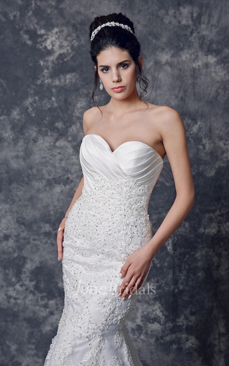 Strapless Ruched Organza Gown With Satin Bust and Lace Applique