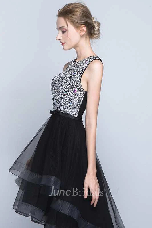 Sleeveless Jewel Neck High Low Organza Dress With Beaded Bodice