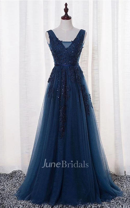Sleeveless V-neck Long Beaded Tulle Dress