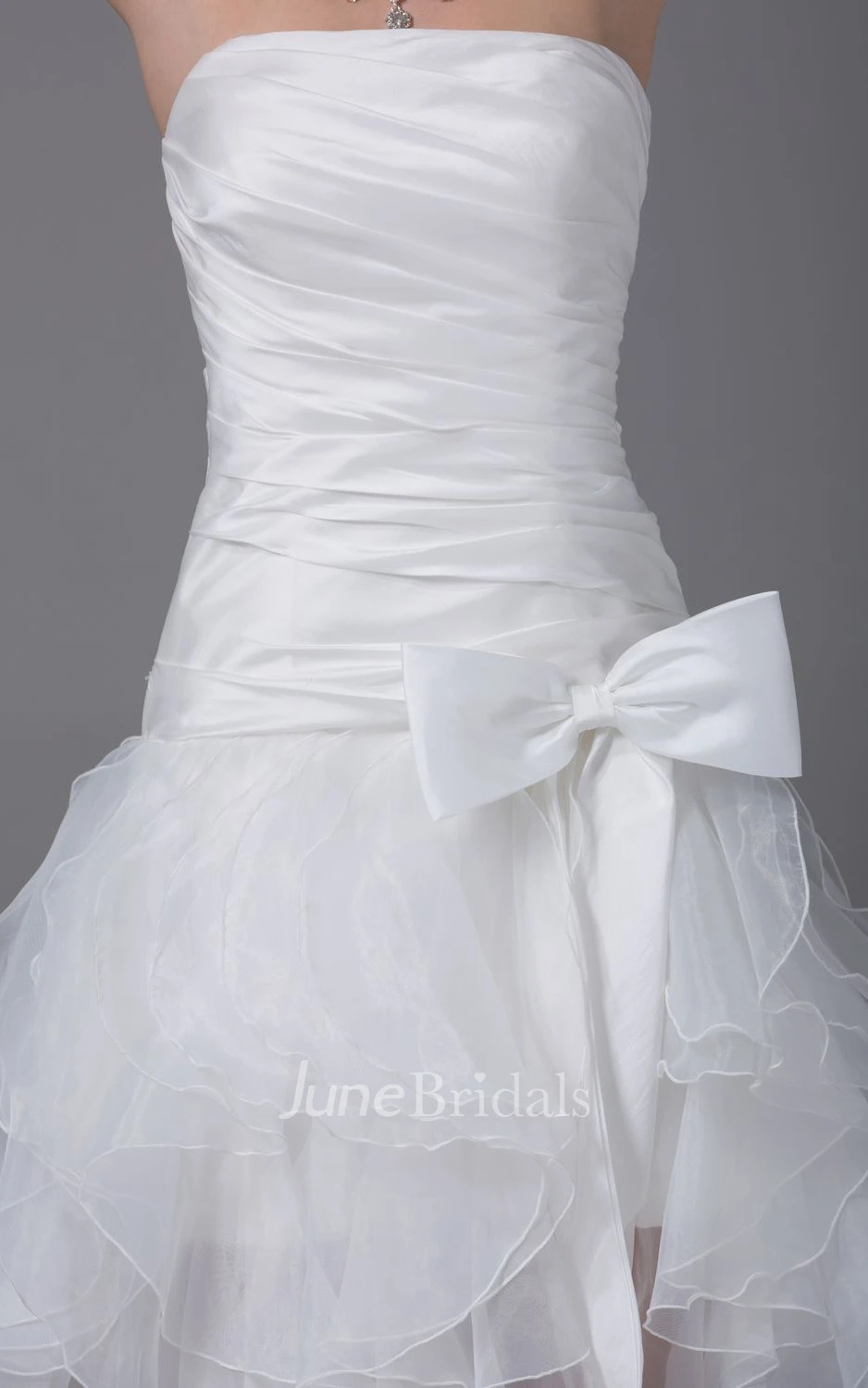 Strapless High-Low Organza Dress With Bow and Ruching