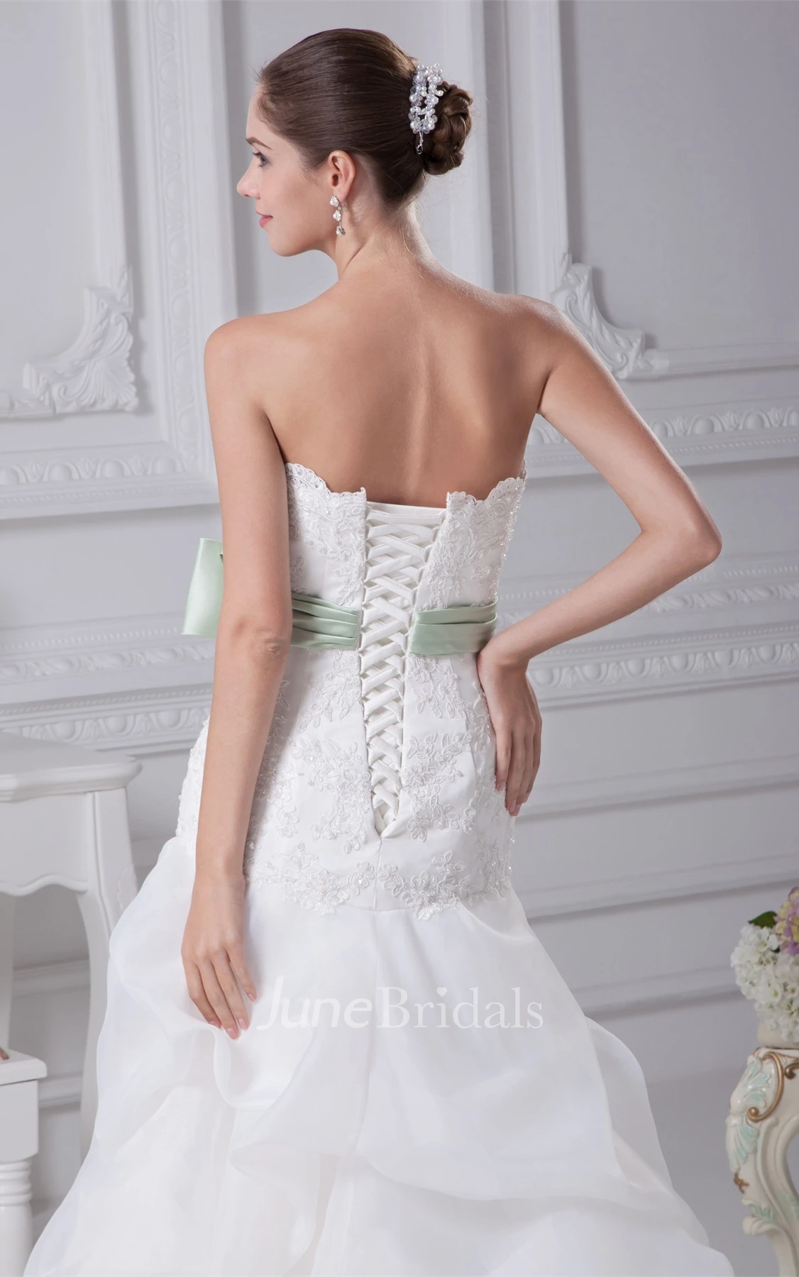 Strapless Appliqued A-Line Gown with Beading and Floral Bow