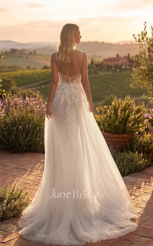 Country A-Line Lace Sleeveless Wedding Dress V-Neck Spaghetti Tulle Garden Gown with Open Back