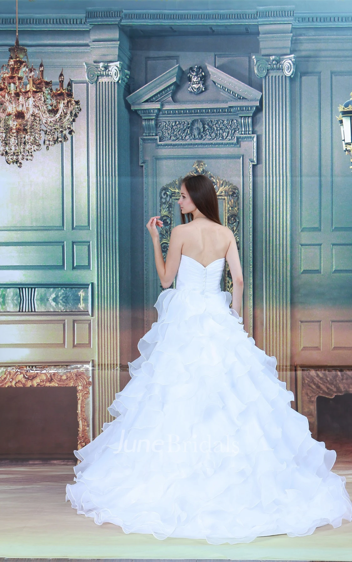 sweetheart ruffled criss-cross gown with tiers and appliques