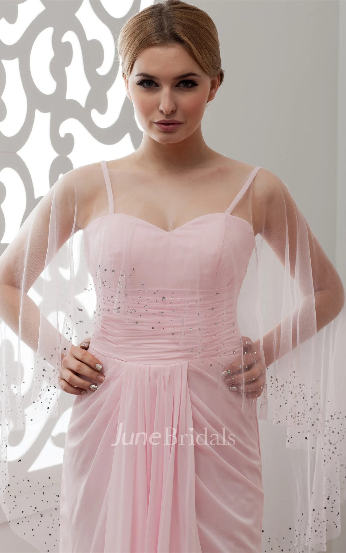 Spaghetti-Strap Chiffon Long Dress with Pleats and Sweep Train