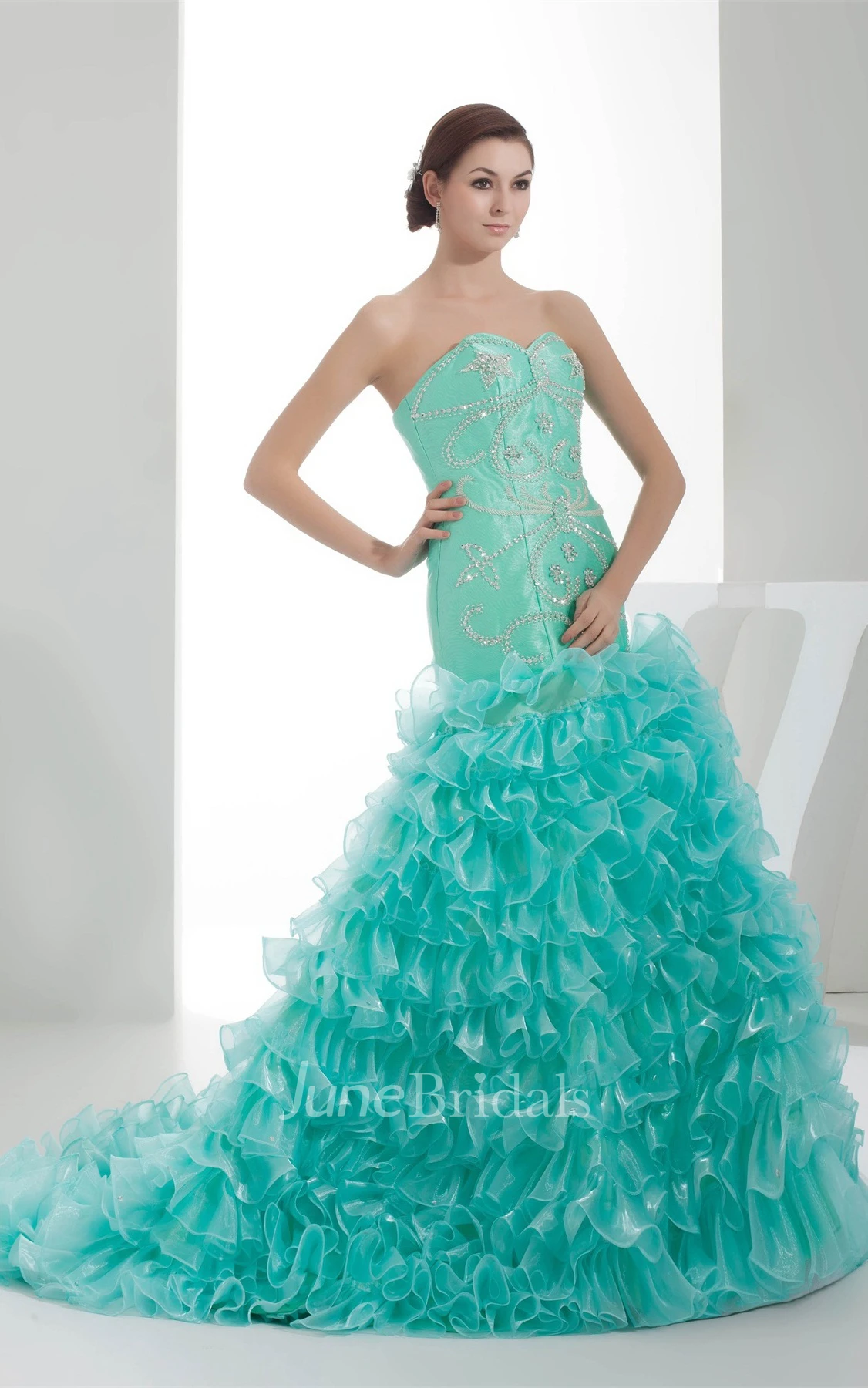 Sweetheart Ruffled A-Line Gown with Gemmed Bodice