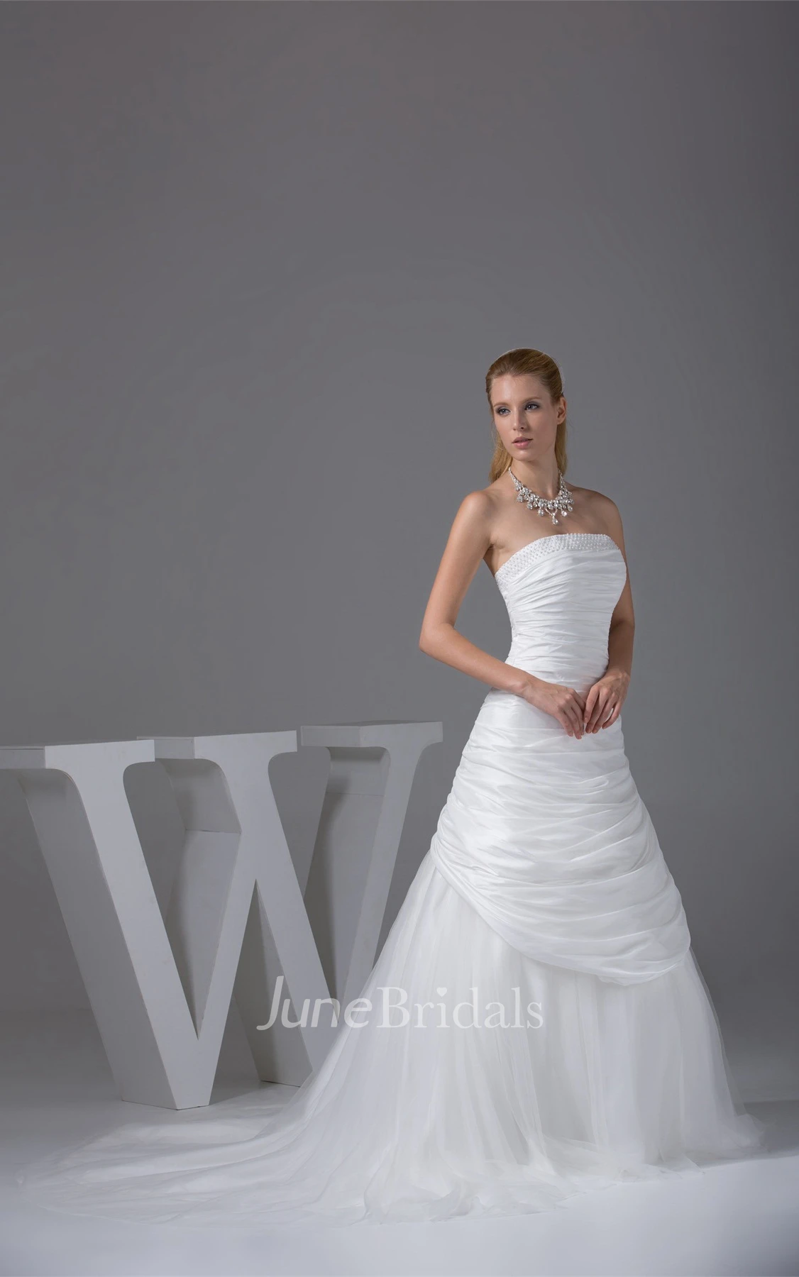 Ruched A-Line Strapless Side Draping Gown with Court Train and Zipper Back