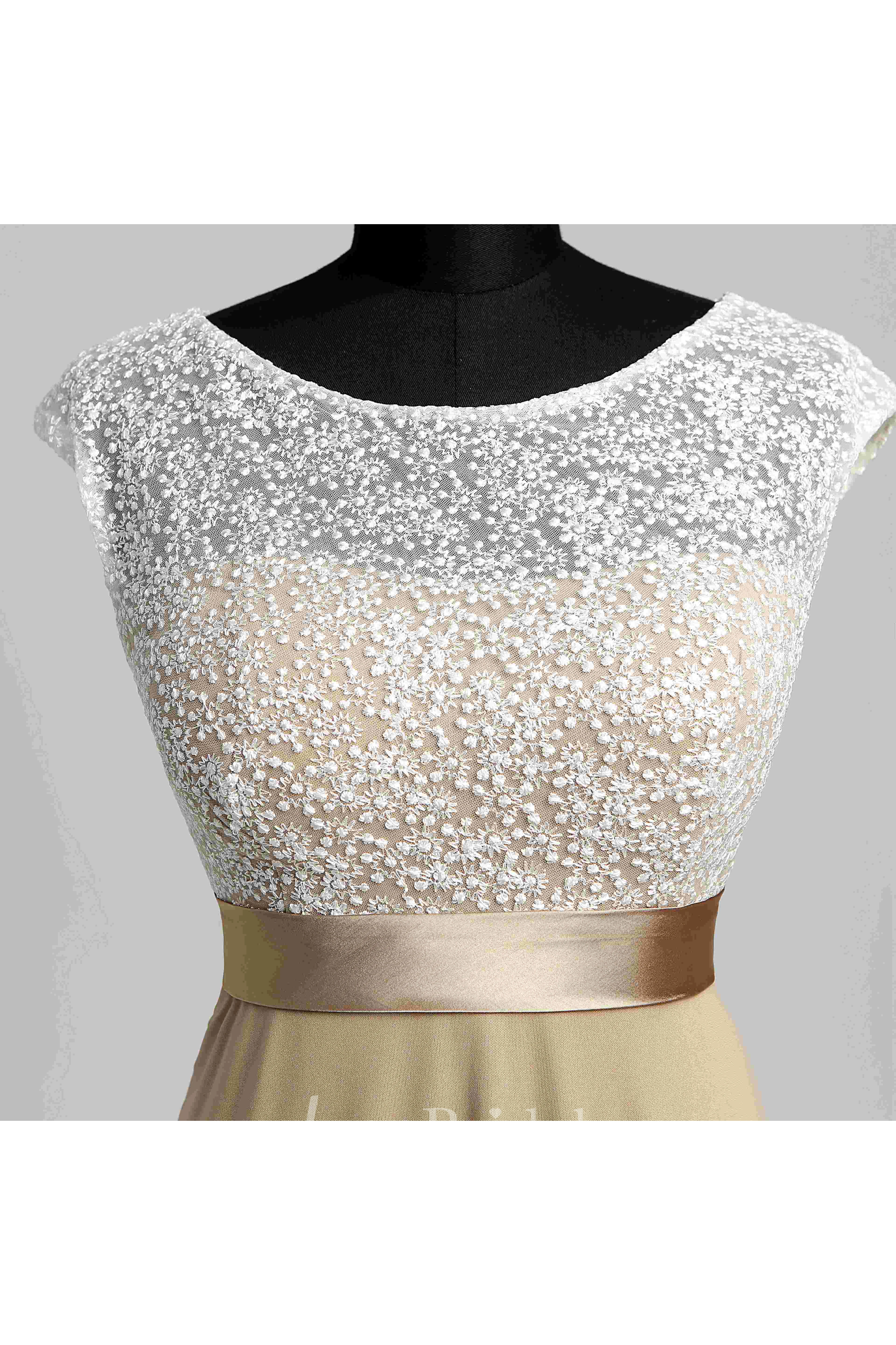 Floor-length A-line Bateau Cap Short Sleeve Illusion Jersey Lace Dress