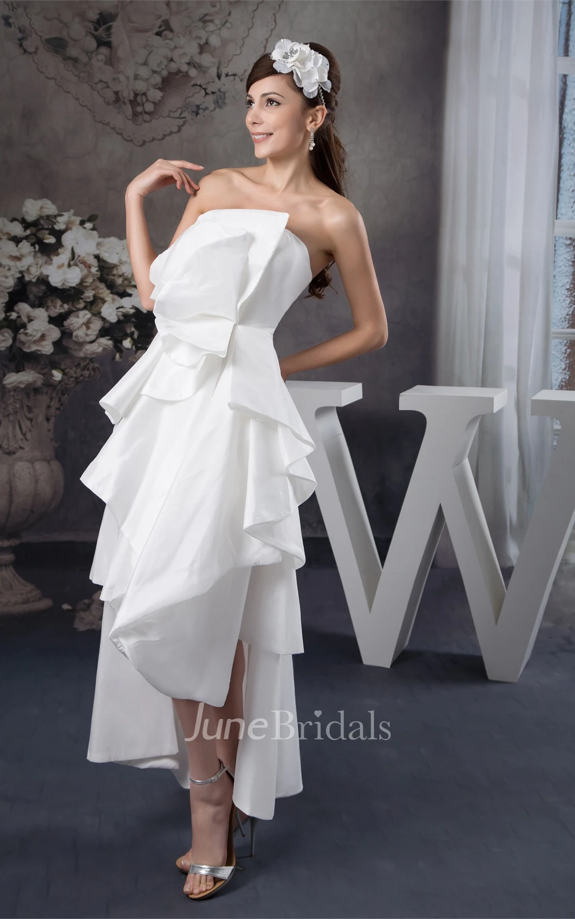 Strapless High-Low Satin Gown with Draped Design