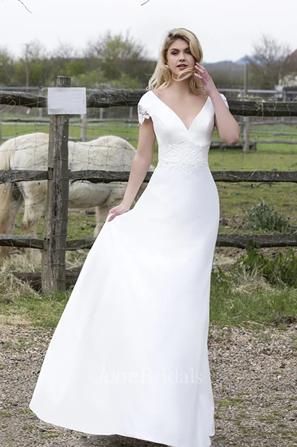 Plunging V-neck Satin Wedding Dress With Appliques And Floral Cap Sleeves