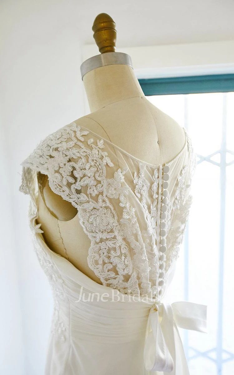 Cap Sleeve Chiffon Tulle Lace Satin Dress With Illusion