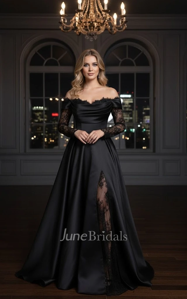 Off-the-Shoulder Gothic Black Wedding Dress Lace Long Sleeves Satin Evening Gown with Slit