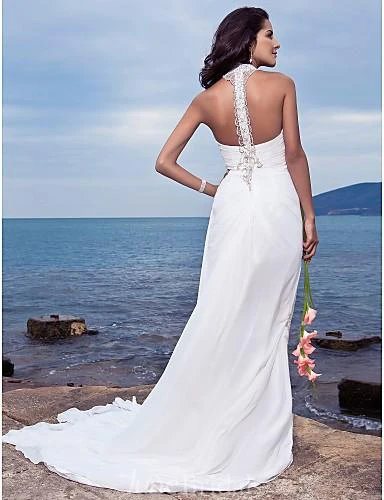 Sheath Column Halter Court Train Chiffon Wedding Dress