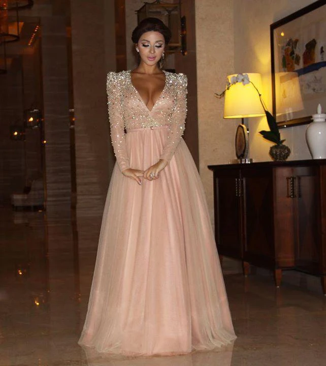 Glamorous Crystals A-line Evening Dress Long Sleeve Floor-length