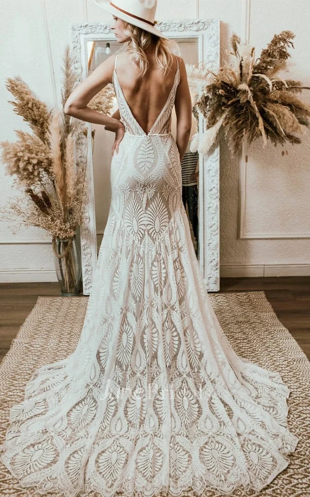Boho Lace Wedding Dress with Open Back for Beach & Destination Weddings