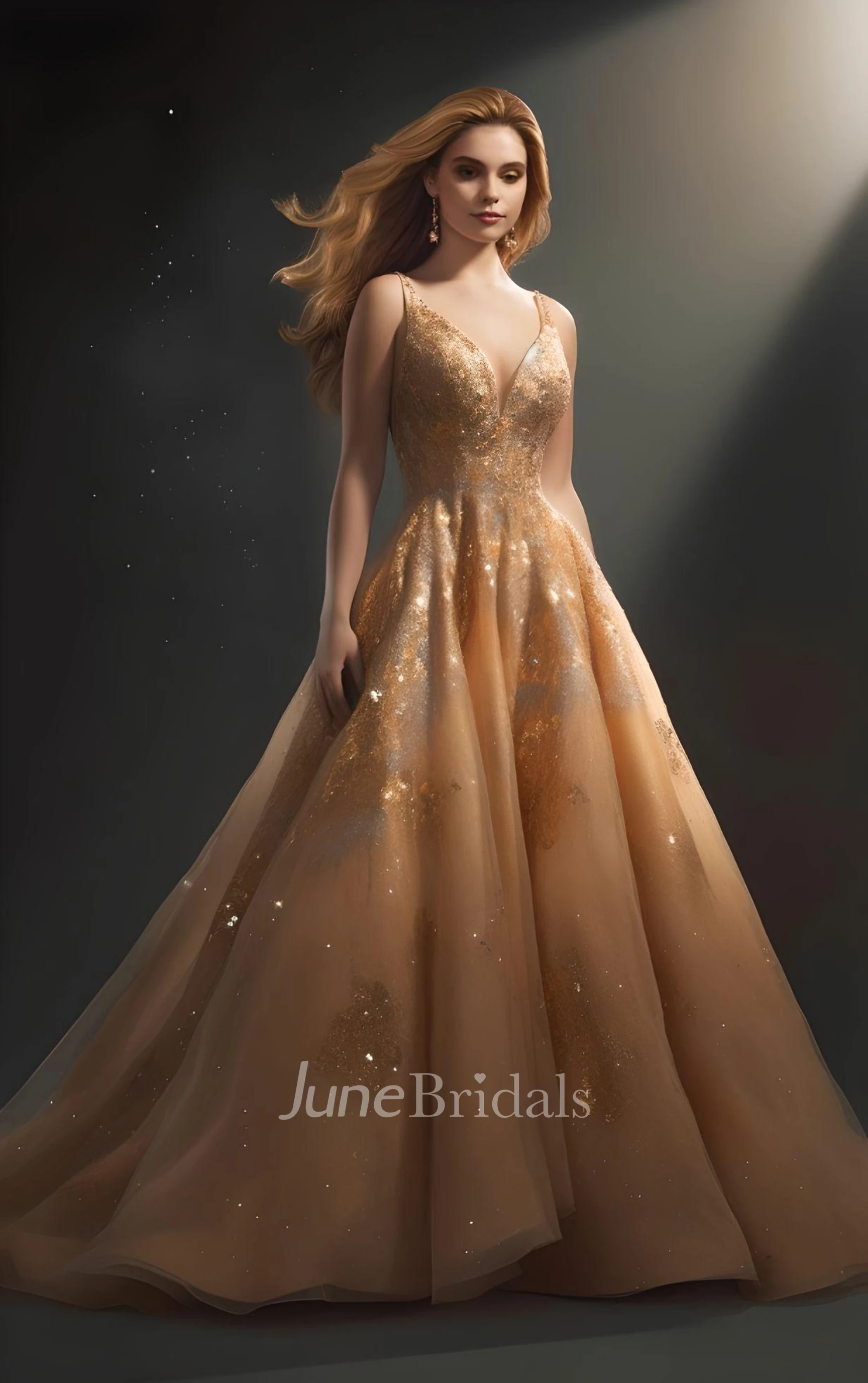 A Line Ball Gown Sleeveless Tulle Sequins Evening Dress Princess Gold Prom Sexy Ethereal Modern V neck Court Train June Bridals